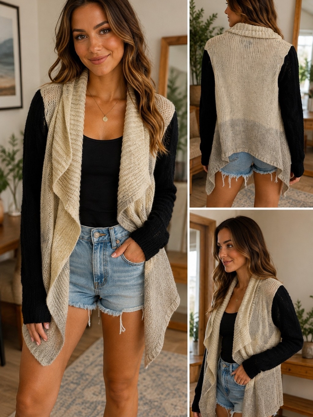 Women's Open-Front Two-Tone Draped Cardigan - Black & Cream